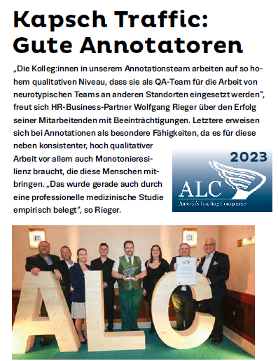 Beitrag "Kapsch Traffic: Gute Annotatoren" im Inklusionsmagazin der Presse mit einem Gruppenfoto des Annotationsteams.